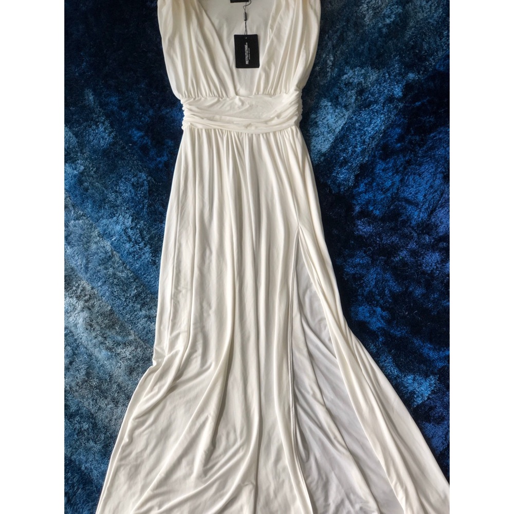 White Ruched Plunge Maxi Dress